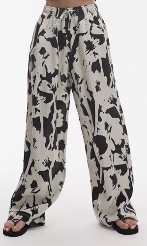 TOPSHOP Nordstrom Floral Linen Drawstring Pants Size 4-6 Black/Cream Pockets NWT