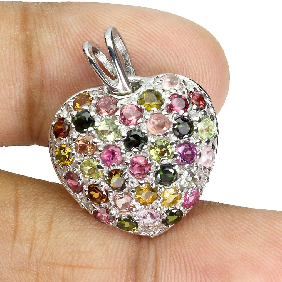 925 Pendente Argento Sterling Rotondo Tormalina Naturale Gemma Cuore Gioielli - Immagine 2 di 4