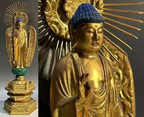 Buddhist Japanese 12.4" Wooden Amida Amitabha Shakyamuni Tathagata Buddha Statue