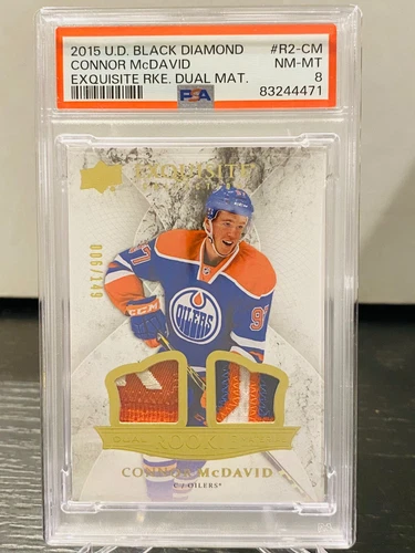 2015-16 CONNOR MCDAVID DUAL ROOKIE MATERIAL UNIQUE PATCH /149 EXQUISITE PSA 8 RC