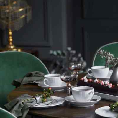 PILLIVUYT FRANCE, PLISSE FRENCH PORCELAIN TEACUP & SAUCER SET, NEW
