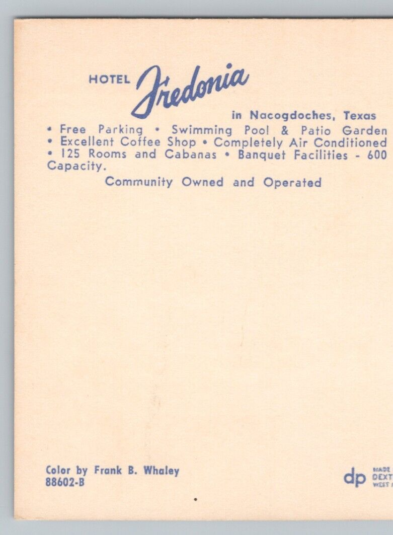 Postcard Nacogdoches Texas Street View Hotel Fredonia Autos in Parking