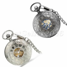 Vintage Roman Numeral Skeleton Mechanical Hand-Winding Pocket Watch Necklace Men