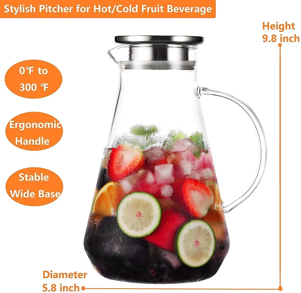 Jarra de vidrio 53 oz tapa de acero inoxidable jarra de vidrio frío y caliente con mango té helado Foto 3 de 4