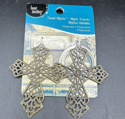 Filigree Cross Pendant Charms Set Of 2 Silver Tone Gothic Jewelry Making Finding