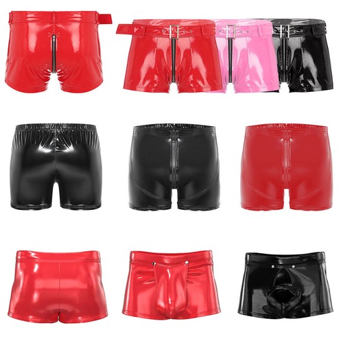 Mens Patent Leather Shorts Zipper Elastic Waist Boxer Openable Crotch Shorts - Bild 3 von 67