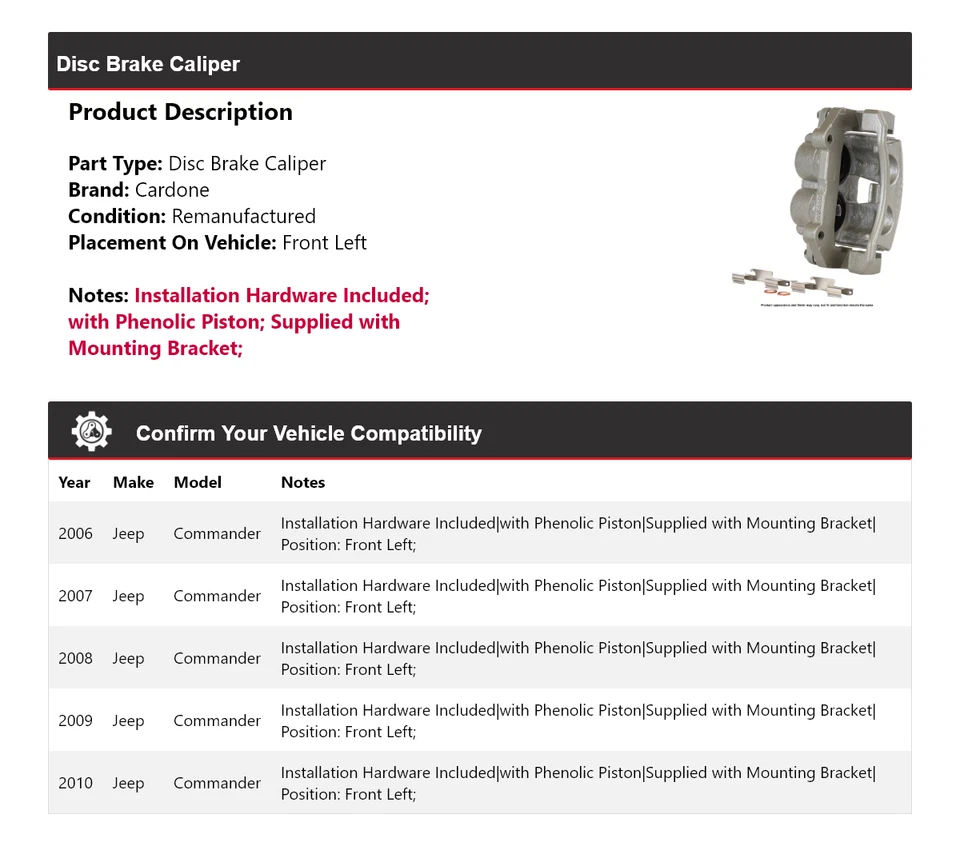Pinza de freno de disco delantera izquierda Cardone 2007 2008 para Jeep Commander 2006-2010 Foto 2 de 4