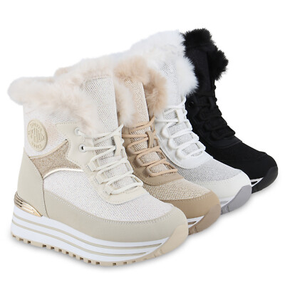 Damen Warm Gefütterte Sneakerstiefel Sneaker Kunstfell 841426