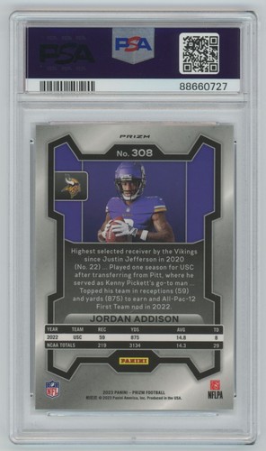 2023 Panini Prizm Silver Variation Jordan Addison Rookie PSA 9 Minnesota Vikings - Picture 2 of 2