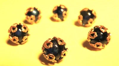 BOUTON -BOULE PERLE FANTAISIE BLEU MARINE ASSISE filigranée dorée Ø:8mm LOT de 6 - Photo 1/2