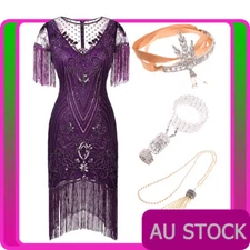 Ladies 20s 1920s Roaring Purple Flapper Costume Sequin Gatsby 20's Fancy Dress