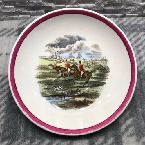 Vintage Copeland Spode Herring Hunt Red Rim Deep Saucer , "Full Cry" 6