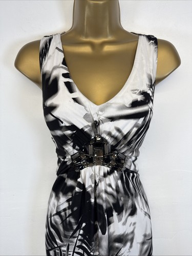 Wallis Dress Black Tropical Palm Leaf Stretchy Bead V Neck Sleeveless Maxi UK 14 - Picture 2 of 12