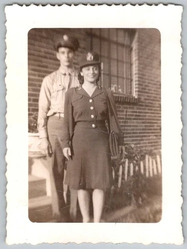 Vtg B&W Snapshot WWII Military Couple Man Woman In Uniforms Outside House 1940s