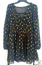 boohoo Black/Gold Polka Dot Sheer Mini Dress Size 10 V-Neck Long Sleeve