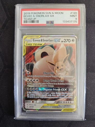 Eevee & Snorlax GX 120/181 Holo PSA 9 Team Up Edition English