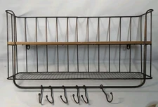 Wall Mounted Rustic Wood & Metal Shelf 2 Tier 6 Hooks Towel Bar Kitchen Bath 