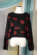 Red Lips Kiss Print Fuzzy Furry Long Sleeve Top Vintage Style Grunge Y2K Retro L