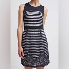 ANTONIO MELANI Navy White Lace Overlay Lined Stripes Dress