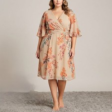 City Chic Floral Midi Dress Plus Size 2XL Beige Flutter Sleeve V-Neck Party Boho