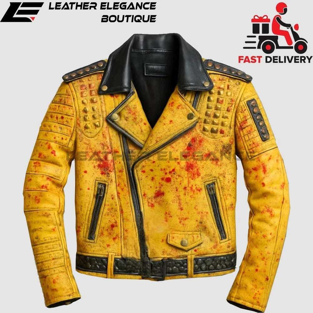 Men’s Yellow Studded Leather Biker Jacket – Blood Splatter Punk Rock Moto Style