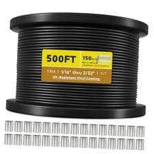 Vinyl Coated Wire Rope 3/32" 304 Stainless 500FT Black Vinyl Coated Wire Rope
