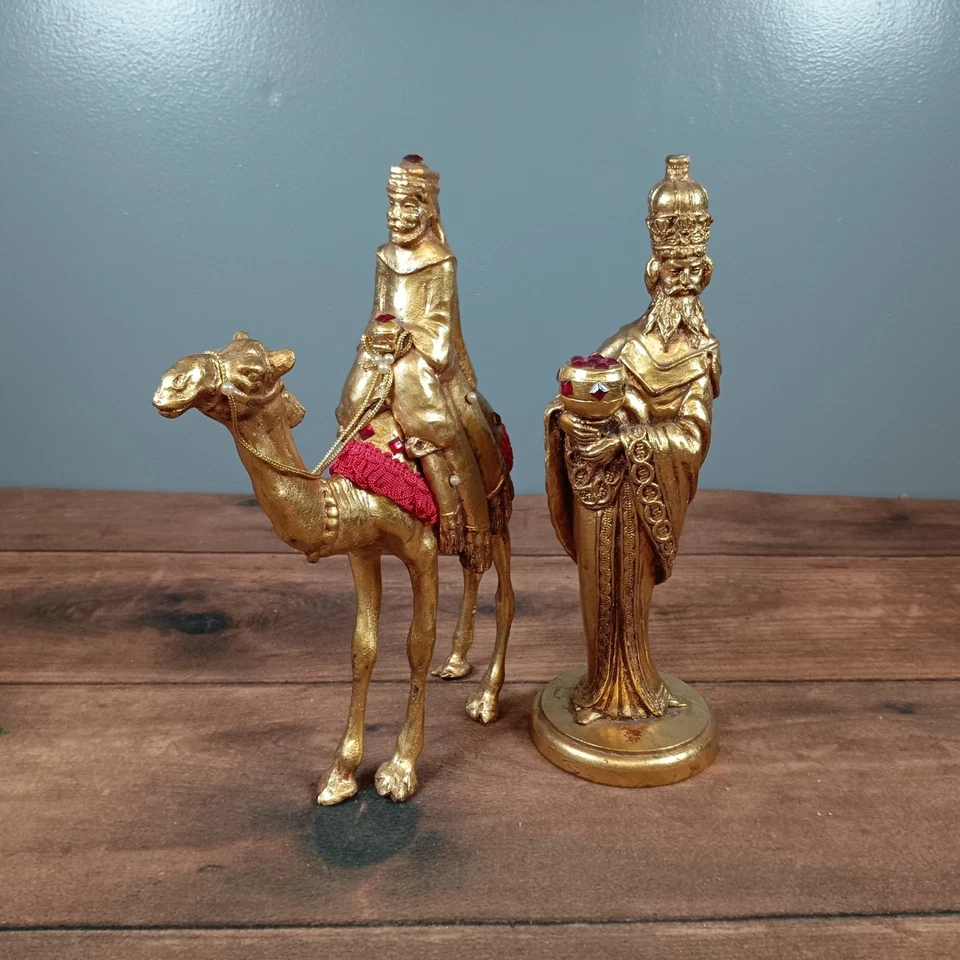 Juego de estatuillas vintage de dos magos en tono dorado de la natividad camello decoración navideña Foto 2 de 4
