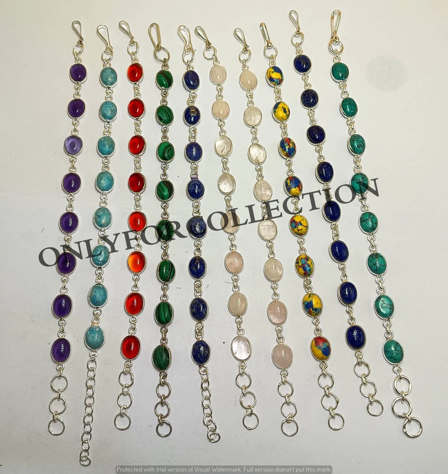 Lote de 10 pulseras de cuarzo rosa y mezcla de piedras preciosas enchapadas en plata de ley 925 Foto 3 de 3
