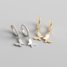 Women Girl 925 Sterling Silver CZ Drop Butterfly Huggie Hoop Earrings Gift PE60