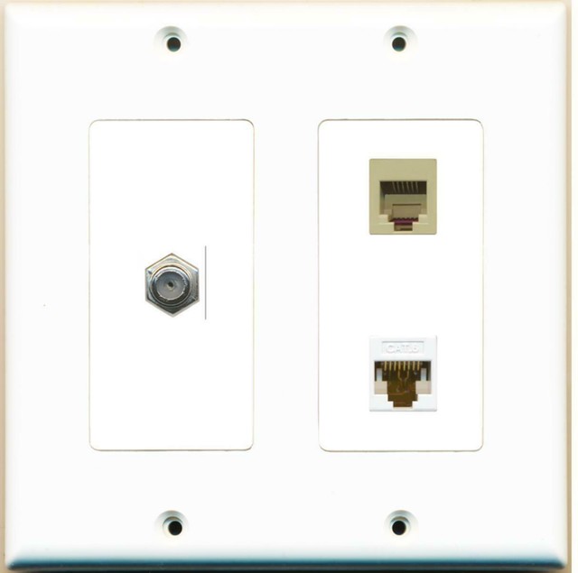 DecorZ 2 Gang Decorative Coax Cat6 White Rj1112 Phone Wall Plate