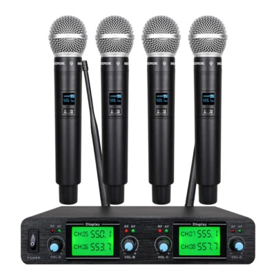 Wireless Microphone System 4 Channel Pro Audio UHF 4 Handheld Dynamic Mic Party