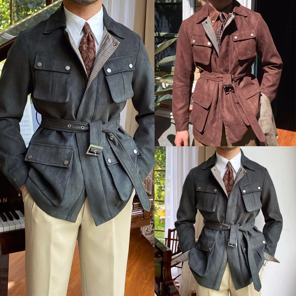 Vintage Suede Men s Safari Jacket with Belt Four Pockets Casual Wedding Formal