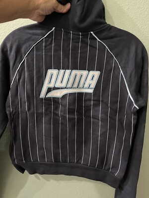 PUMA 1948 LOGO SOFT NAVY COTTON&WHT STRIPES GYM RUN CROP HOOD SWEAT SHIRT JACKET