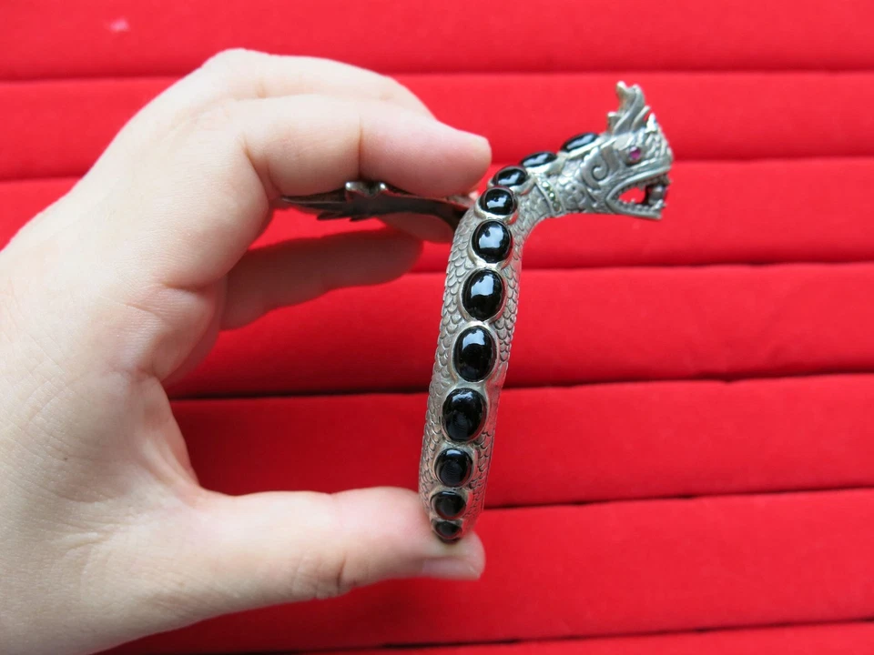Unique 925 Sterling Silver Dragon Bangle with Black Onyx & Ruby Gemstones - Image 3 of 4