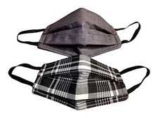 2 Face Mask Quilted Filter Nose wire Gray  Black Plaid USA Big Mens XL