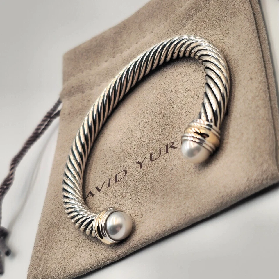 Brazalete David Yurman Plata de Ley 7mm Perla Y Oro 14K Cable Foto 4 de 4