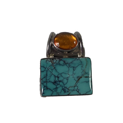 Sajen 925 Sterling Silver Turquoise Amber Pendant Slide Modern Artisan Design