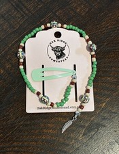 Beaded Hair Clip Green Glass  Clay Beads with silver tone Feather Hippie Beads
