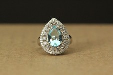 925 Sterling Silver Teardrop/Pear Blue Clear CZ Halo Size 7 Ring 5.5g RIN9624