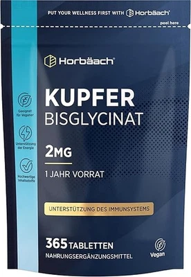 HORBÄACH Kupfer Tabletten 2mg | Bisglycinat | 1 Jahr Vorrat - 365 Vegan Tabletten