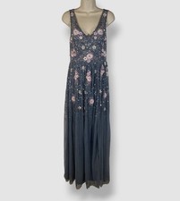 Adrianna Papell Women's Blue Dusty Floral Embellished V-Neck Gown Dress Size 4