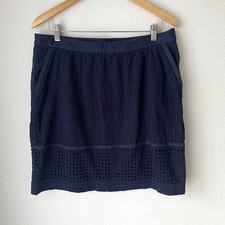 Boden Eyelet Mini Skirt Size 12 Navy Blue Cotton Lined Pockets Classic Preppy