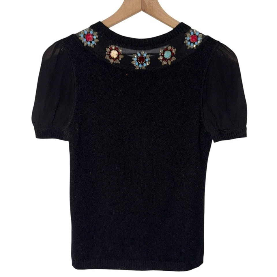 Whimsigoth бисером шелк кашемир черный вязаный женщин Топ сетки Puff рукава - Изображение 3 из 4