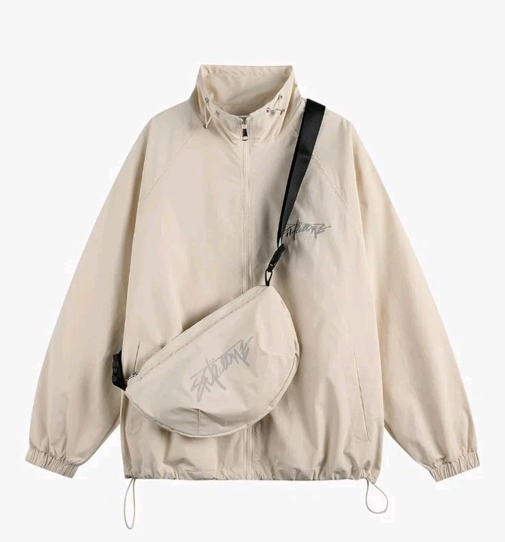 Silent Vortex Men's 2XL - Zip Up Drawstring Lightweight Windbreaker Jacket Beige