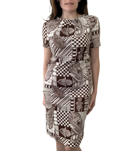 Vintage 1960s Mod Dress Chess Brown Wiggle Shift Geometric Novelty Polyester - Picture 1 of 6