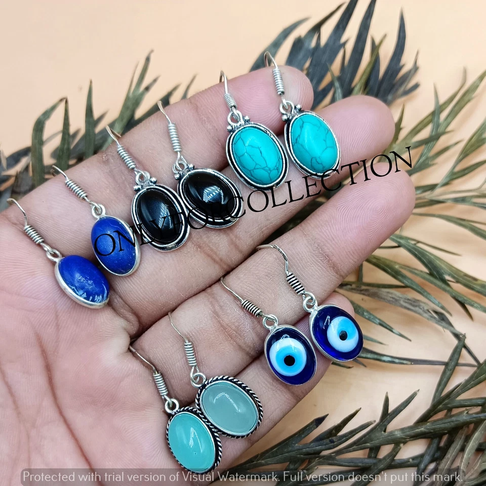 Lote de pendientes de mujer de diseño enchapados en plata de ley 925 con piedras preciosas de calcedonia y mezcla Foto 2 de 3