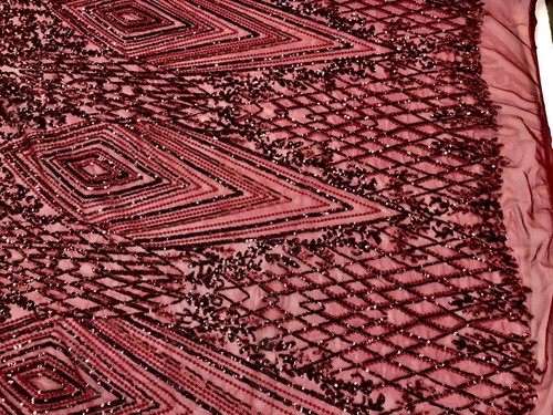 BURGUNDY GEOMETRIC DIAMOND DESIGN EMBROIDER WITH SEQUIN ON A 2 WAY STRETCH MESH - Picture 5 of 8