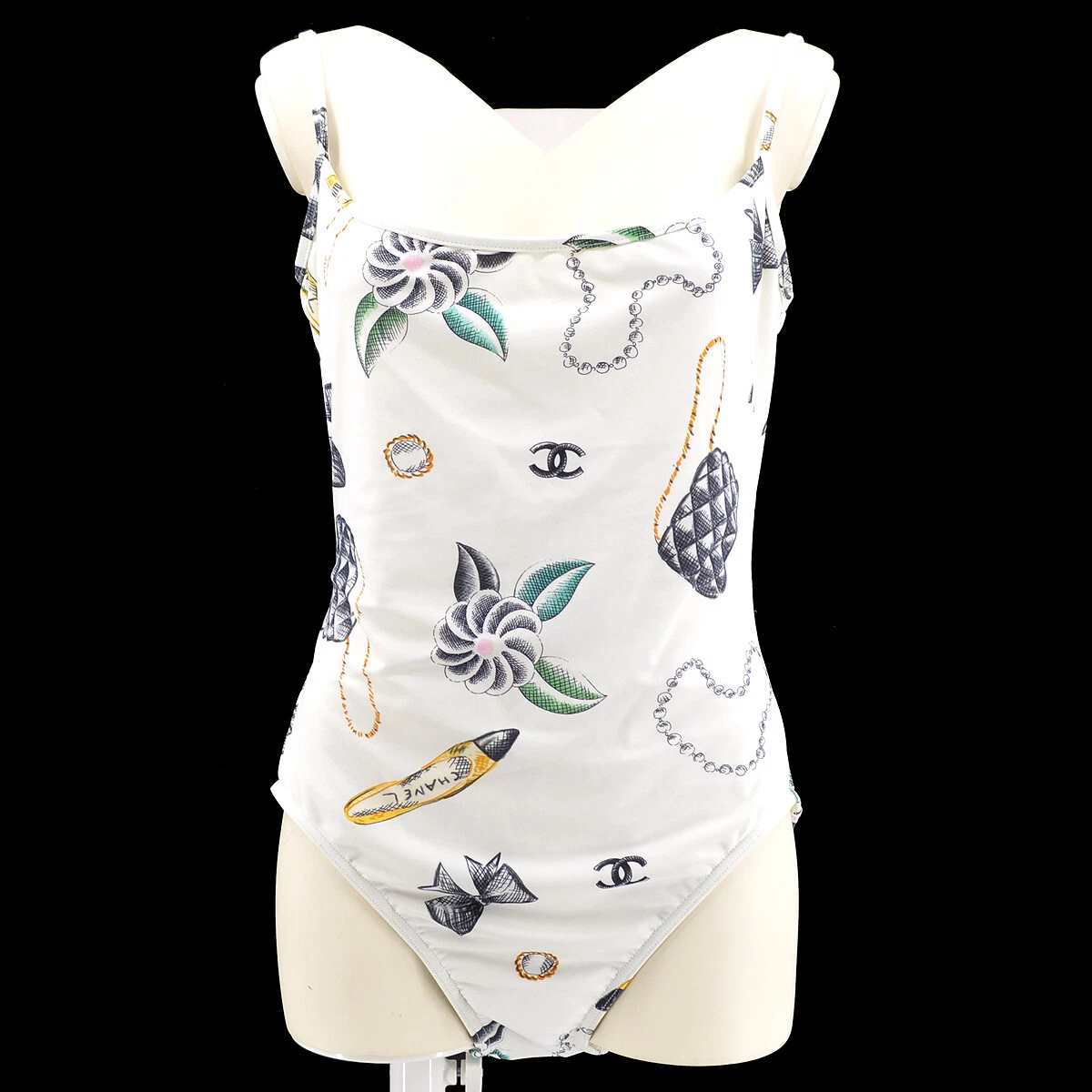 CHANEL #44 Icon CC Logos Sleeveless Dress Swimwear Swimsuit White