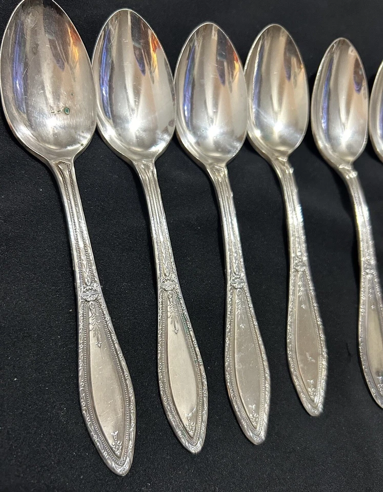 "6 cucharas de postre Rogers MYSTIC CORONET 1881 6"" cucharaditas plato de plata cubiertos" Foto 2 de 4
