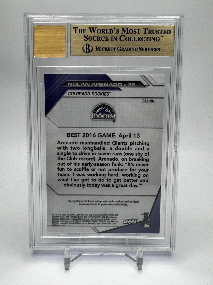 Nolan Arenado 2016 Bowman’s Best Orange Refractor /50 BGS 10 Auto 10 - Image 2 of 2